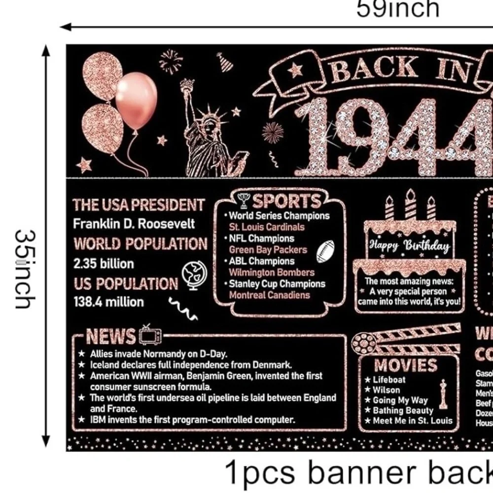 Born in‎ 1944 Birthday Banner; Black/Rose Gold; 59